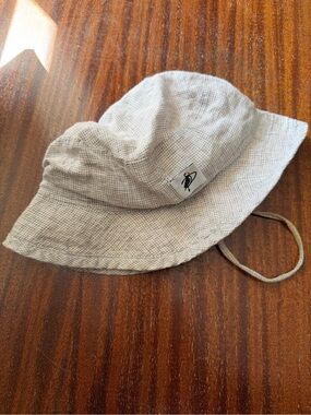 100% Linen UPF50 toddler grey plaid Bucket Hat with Chin Strap